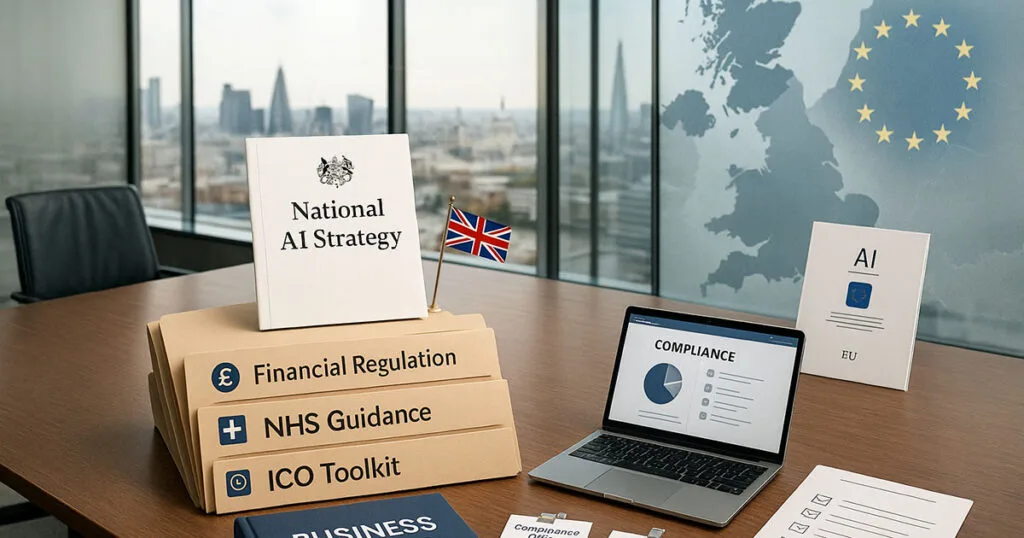 UK regulatory guidance including National AI Strategy, financial regulation, NHS guidance, and ICO toolkit for compliance