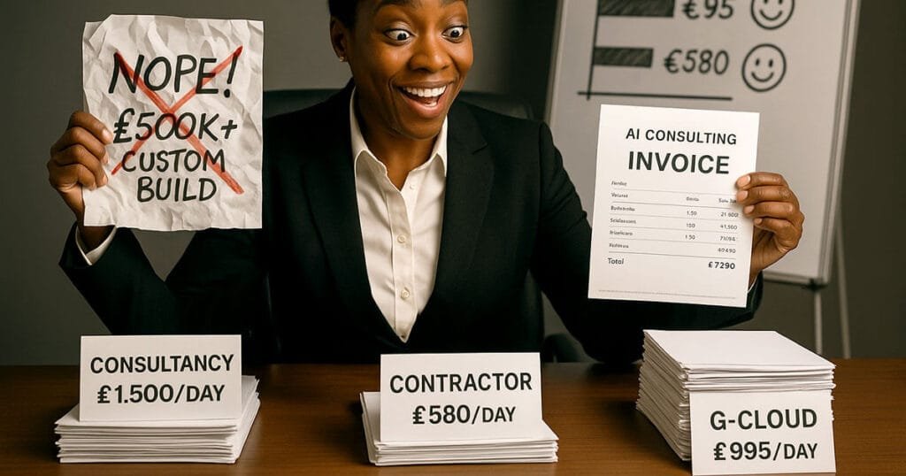 Business executive comparing three AI consulting price options on desk, pointing to reasonable contractor rates