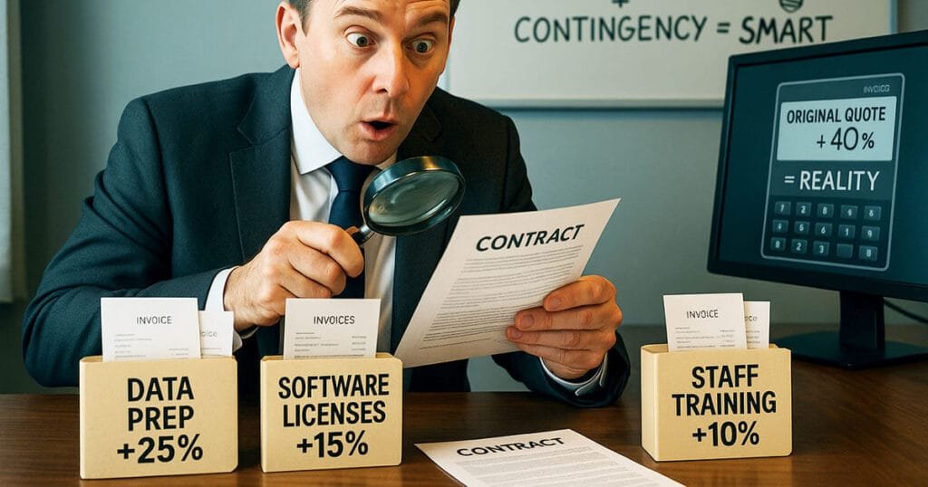 Cost of AI consulting in the UK: businessman examining contract showing data prep, software, and training cost additions
