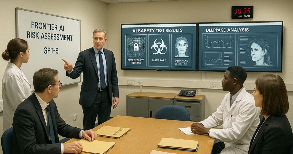 Researchers and officials inside a UK government lab review AI safety tests on GPT-5, highlighting the AI Safety Institute’s role in regulating AI growth zones.