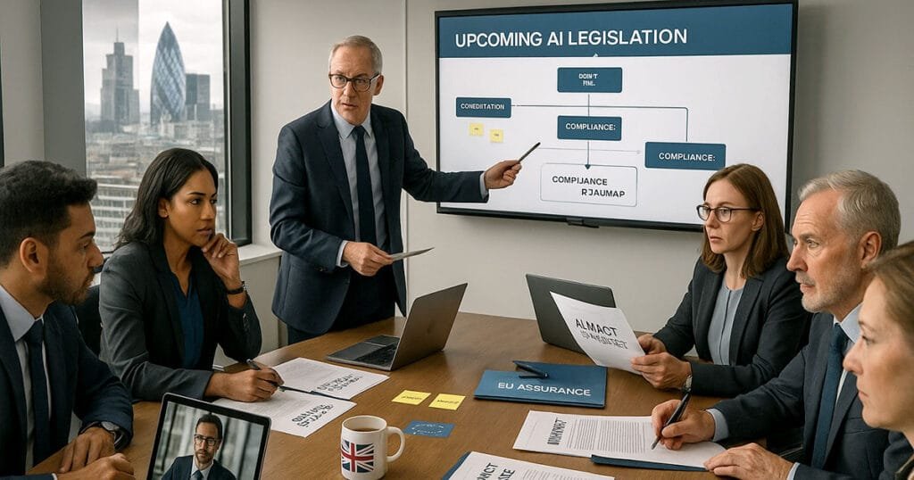 Senior executive presenting upcoming legislation timeline to diverse team in modern UK boardroom with compliance roadmap