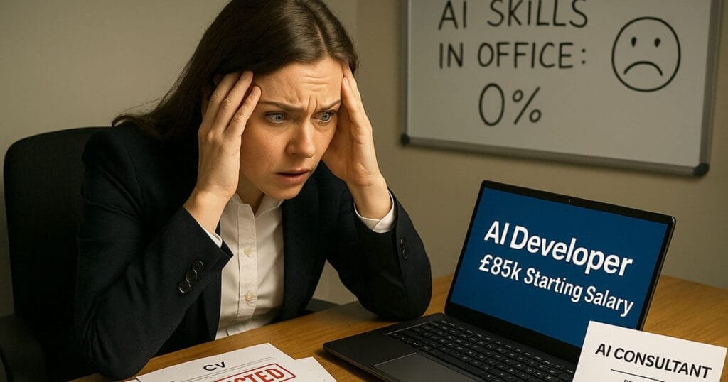 Cost of AI consulting in the UK: frustrated business owner comparing expensive job listings to affordable consultant rates