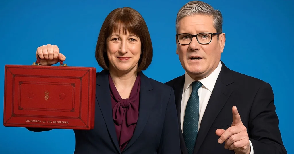 Chancellor Rachel Reeves and Prime Minister Keir Starmer with red budget box, announcing government investment in medical AI technology.