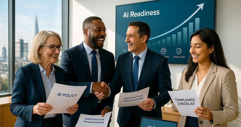 Business professionals celebrating AI Policy readiness with documents showing innovation frameworks and compliance checklists in London office