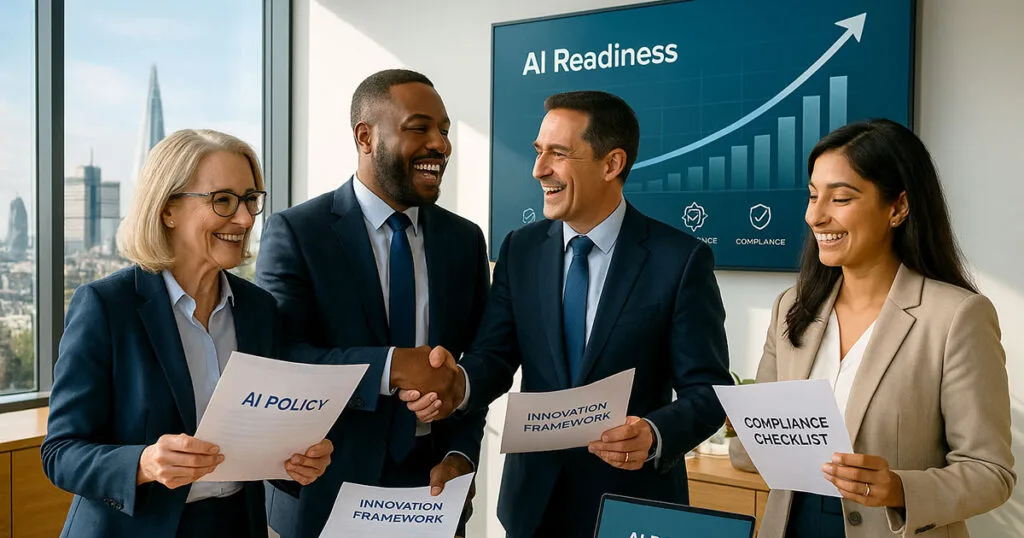 Business professionals celebrating AI Policy readiness with documents showing innovation frameworks and compliance checklists in London office
