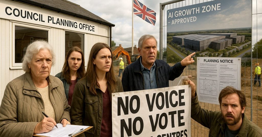 Residents gather outside a planning office, protesting a fast-tracked data centre approval with signs and petitions as construction begins nearby.