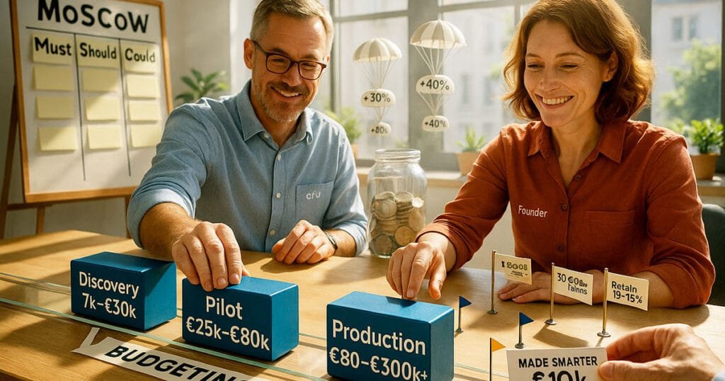 UK SME founders planning AI costs budget using MoSCoW prioritisation method with discovery, pilot and production phase cost blocks
