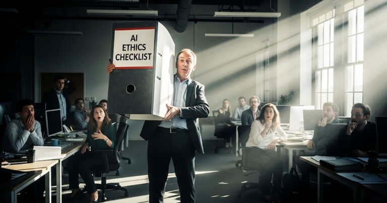 Senior business leader presenting AI ethics for SMEs UK checklist to concerned team members in modern office meeting room