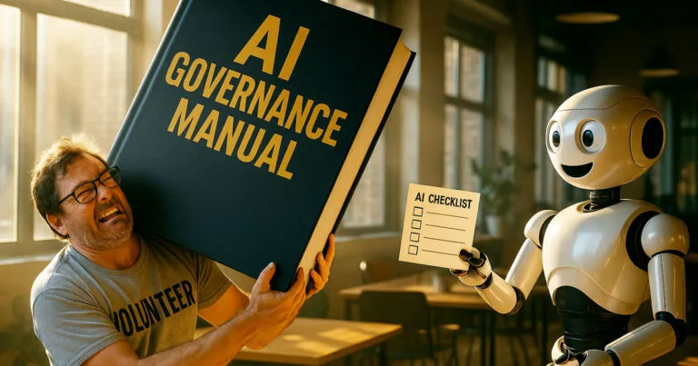 AI governance UK made simple: SME owner with large manual while robot offers simple checklist, illustrating lightweight governance approaches for small organisations