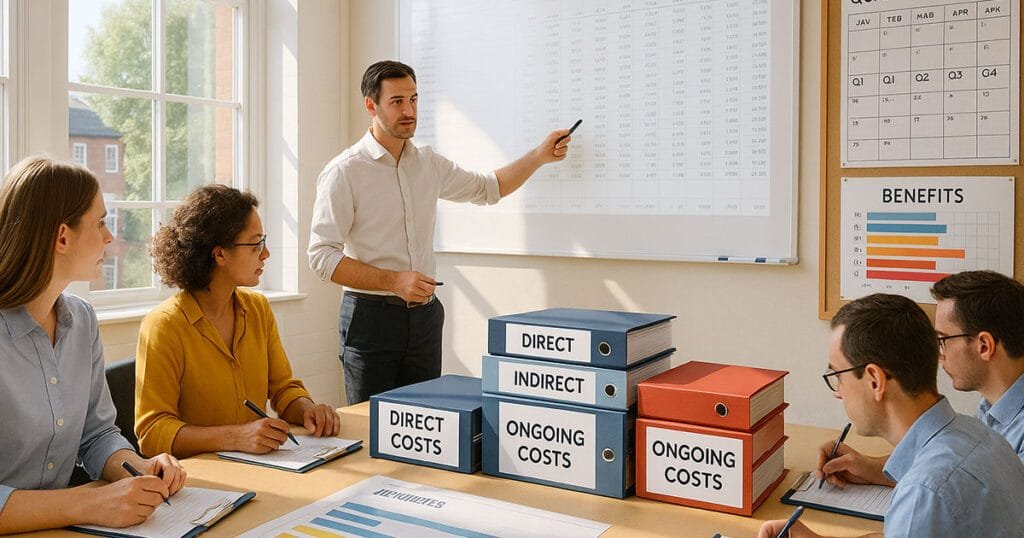 AI implementation cost categories showing direct, indirect and ongoing expenses for UK businesses
