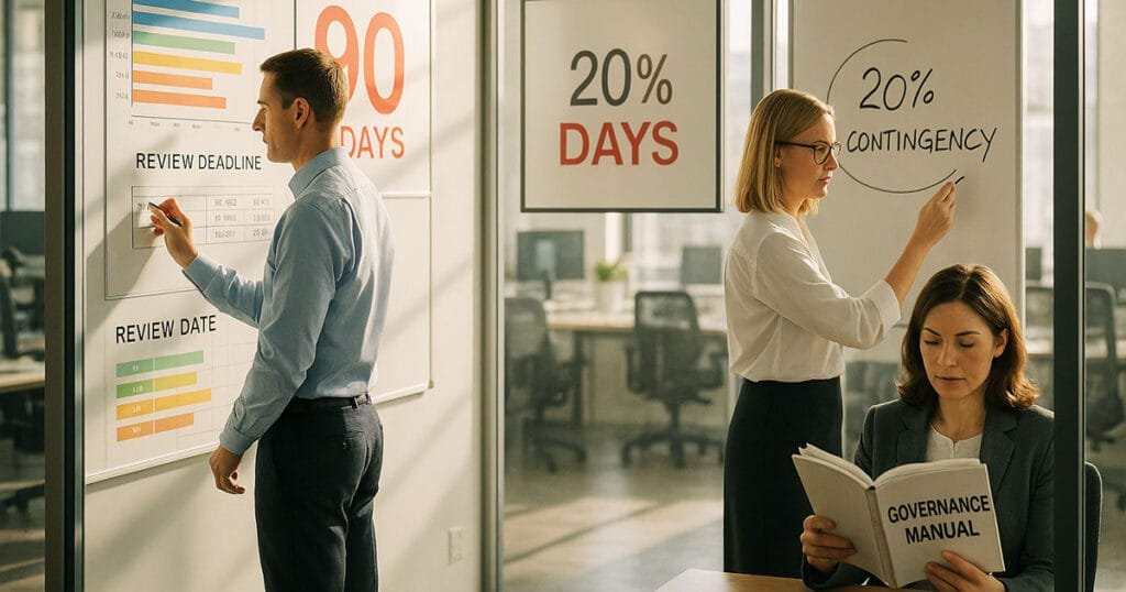 AI ROI UK project review meeting with 90-day timeline and contingency planning for SMEs