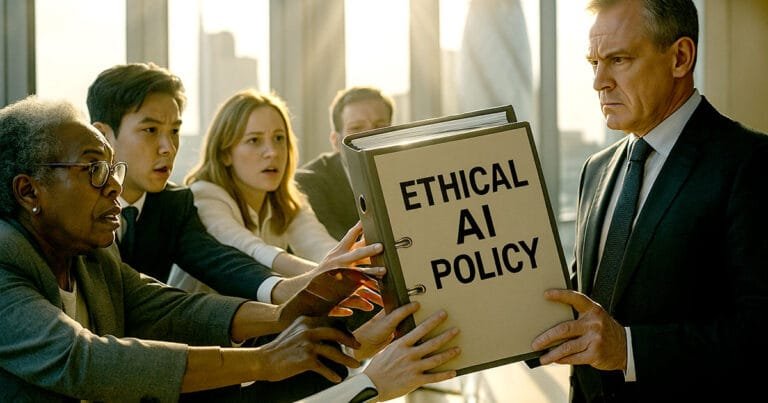 Business professionals collaborating on ethical AI policy development in modern UK office