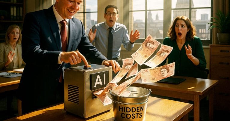 Alt text: "Hidden costs of AI UK - Business executive feeding pound notes into AI machine while shocked SME team watches money disappear into hidden costs bucket
