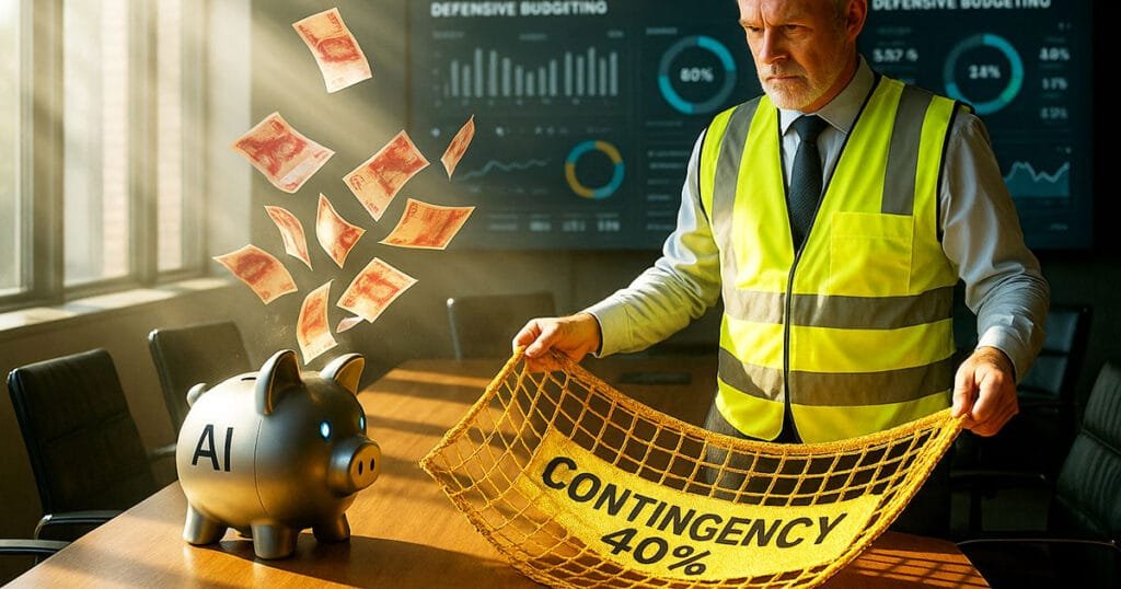 Hidden costs of AI UK defensive budgeting - Business manager in safety vest holding 40% contingency net to catch falling pound notes while AI piggy bank sits on desk with budget charts