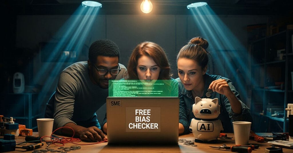 Three SME team members examining free bias checking software on laptop with AI robot toy, testing algorithmic fairness tools in dimly lit workspace