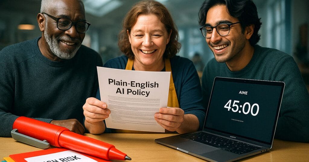 Three smiling professionals reviewing plain-English policy document with AIME 45-minute timer displayed on laptop screen