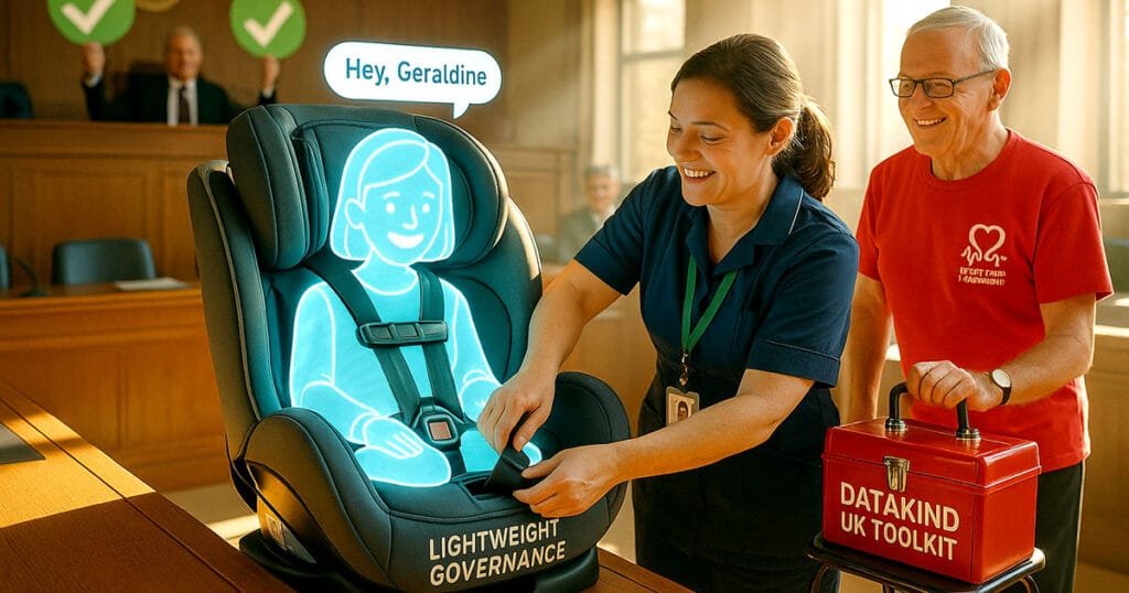 Hey Geraldine AI chatbot in lightweight governance car seat with social care worker and British Heart Foundation volunteer carrying DataKind UK toolkit in council chamber