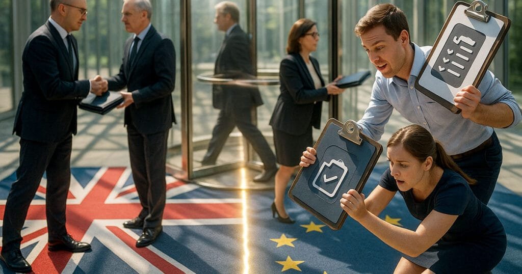 UK and EU officials reviewing AI ethics UK compliance checklists on Union Jack and EU flag floor