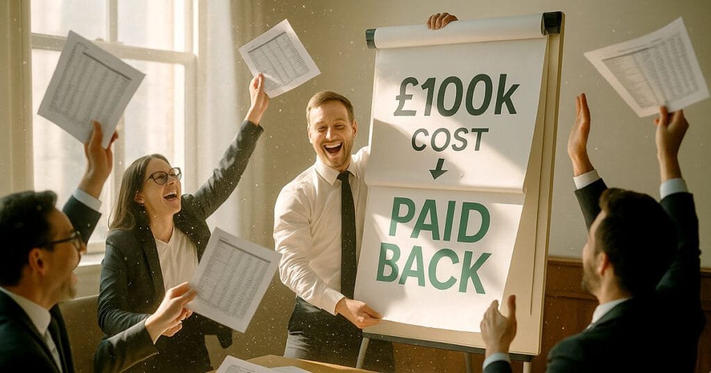 Business team celebrating successful ROI results with £100k cost reduction and payback achievement in office meeting