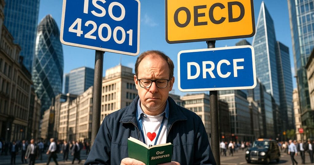 AI governance UK frameworks: charity volunteer with small resources handbook dwarfed by large ISO 42001, OECD, and DRCF signs in London financial district