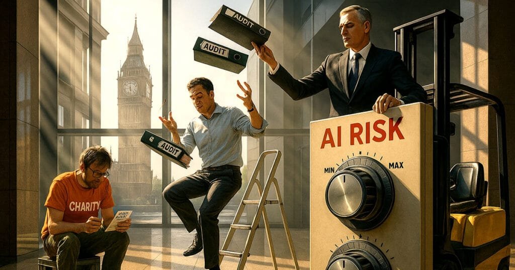 AI governance scaling UK: charity volunteer with ICO checklist, SME manager juggling audits, corporate executive operating AI risk controls in Westminster office