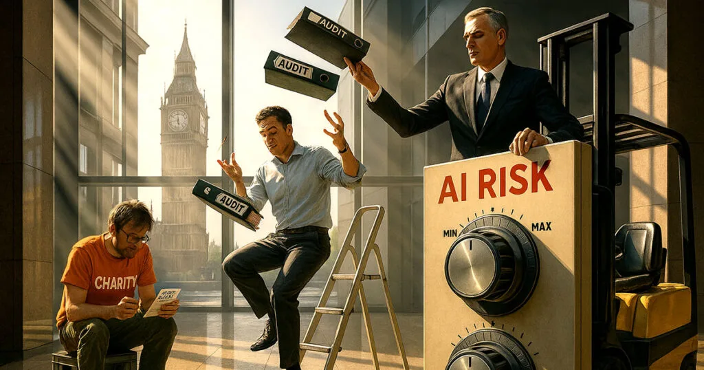 AI governance scaling UK: charity volunteer with ICO checklist, SME manager juggling audits, corporate executive operating AI risk controls in Westminster office
