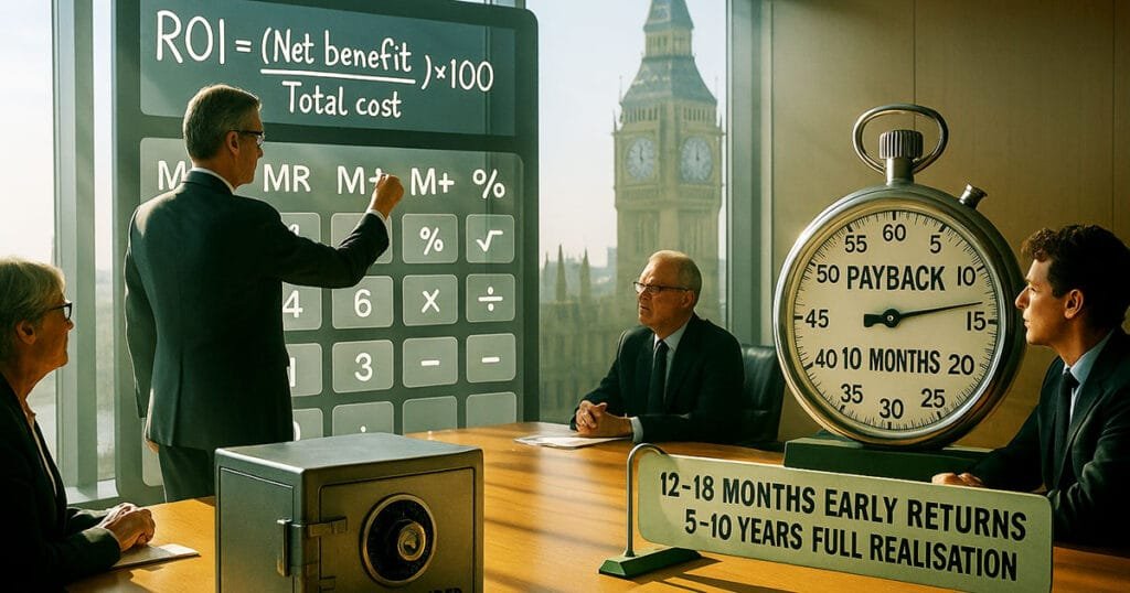 UK business executives calculating AI costs ROI with formula showing net benefit divided by total cost and payback period timeline