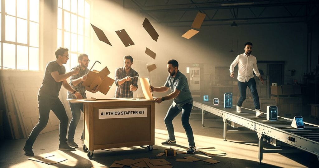Small business team unpacking AI ethics for SMEs UK starter kit with documents flying while smartphones display compliance apps on conveyor belt