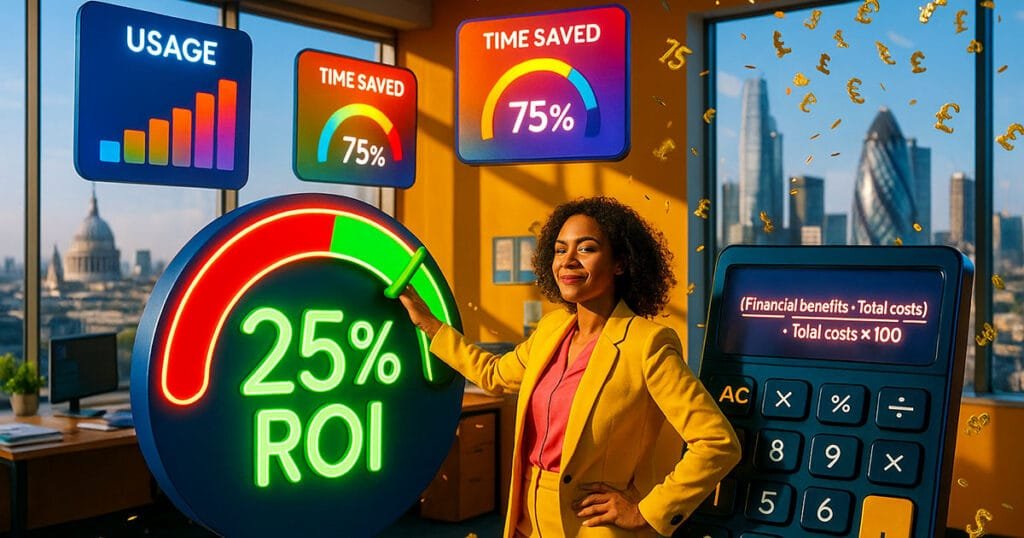 Professional woman in yellow blazer celebrating AI ROI success in London office, with digital displays showing 25% ROI, 75% time saved metrics, and ROI calculation formula, London skyline visible through window