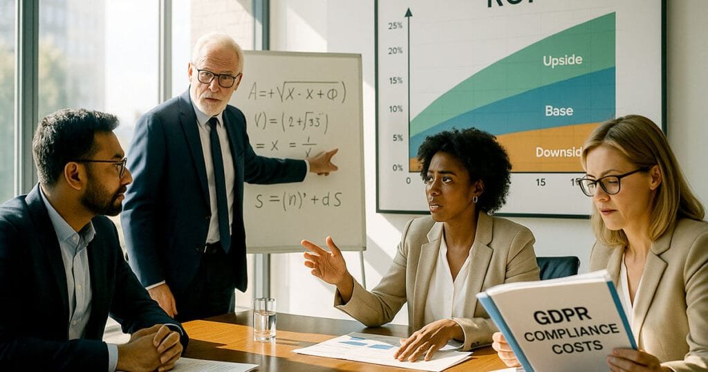 AI ROI UK scenario planning with upside, base and downside projections for UK businesses
