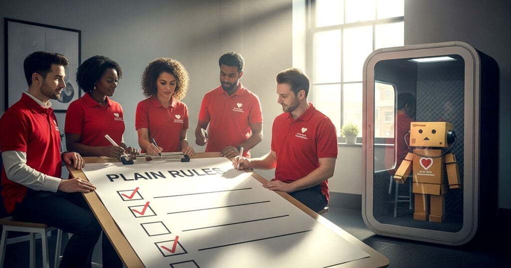 British Heart Foundation charity team in red uniforms creating plain rules checklist while AI chatbot waits in containment pod for ethical deployment