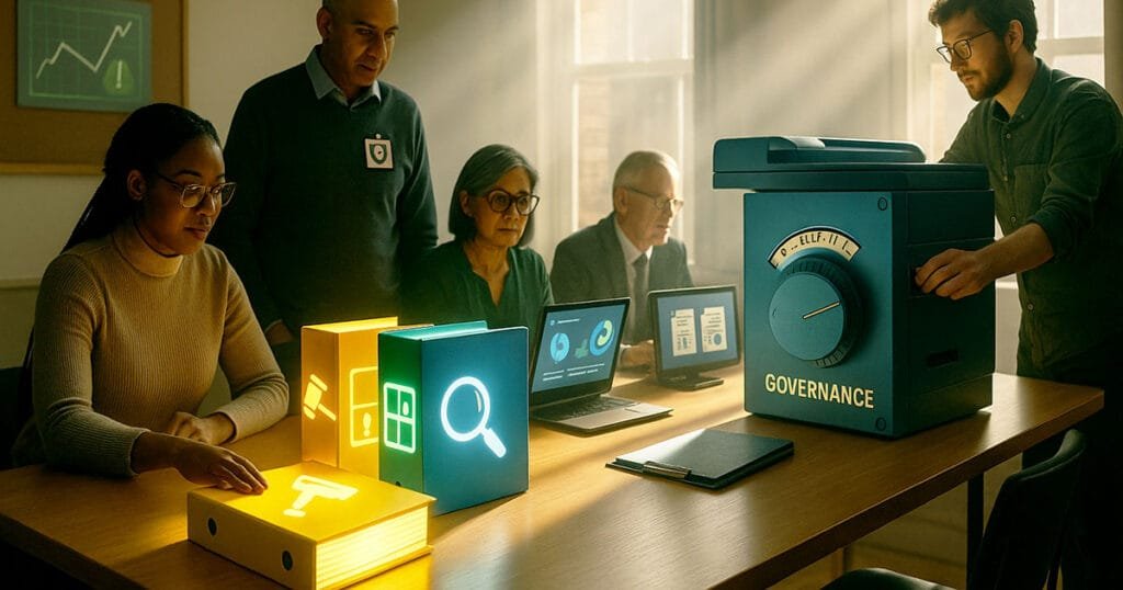 SME team implementing AI ethics UK governance frameworks with modular compliance systems