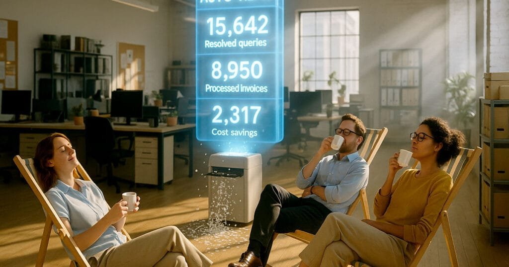 Business team relaxing as AI automation cost savings UK system displays resolved queries and processed invoices in modern office