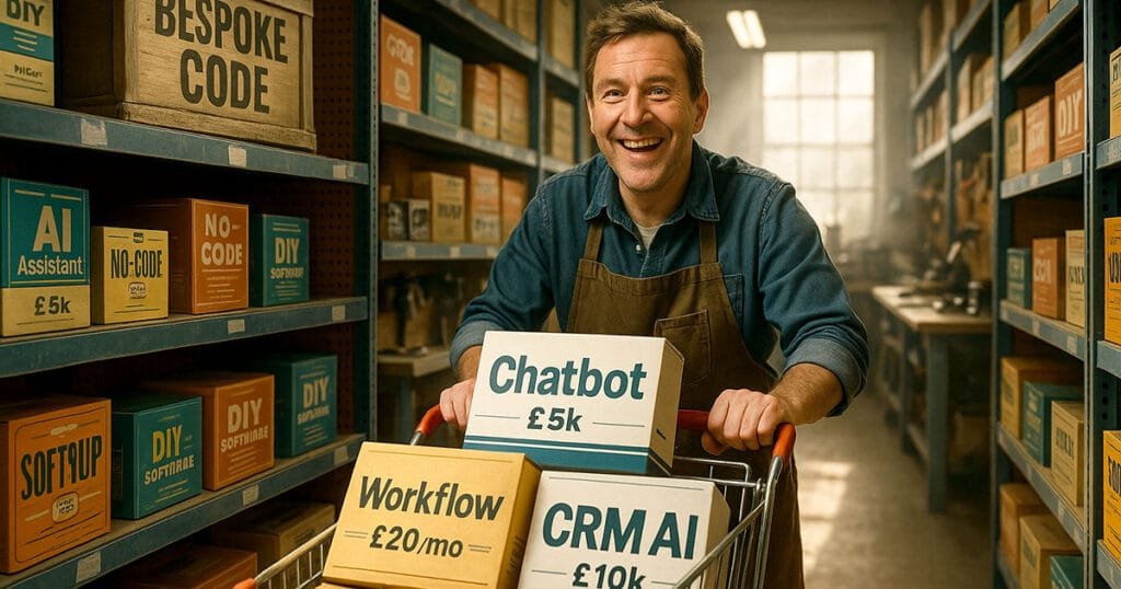UK SME business owner selecting AI automation cost savings UK solutions including chatbots and workflow tools in warehouse setting