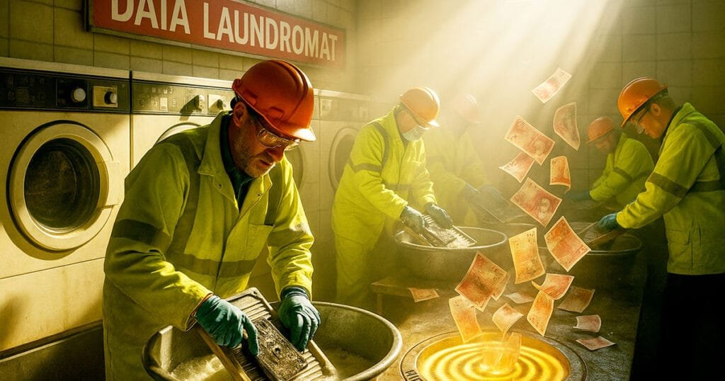 Data scientists in protective gear cleaning dirty data in industrial laundromat with pound notes floating around expensive data preparation process
