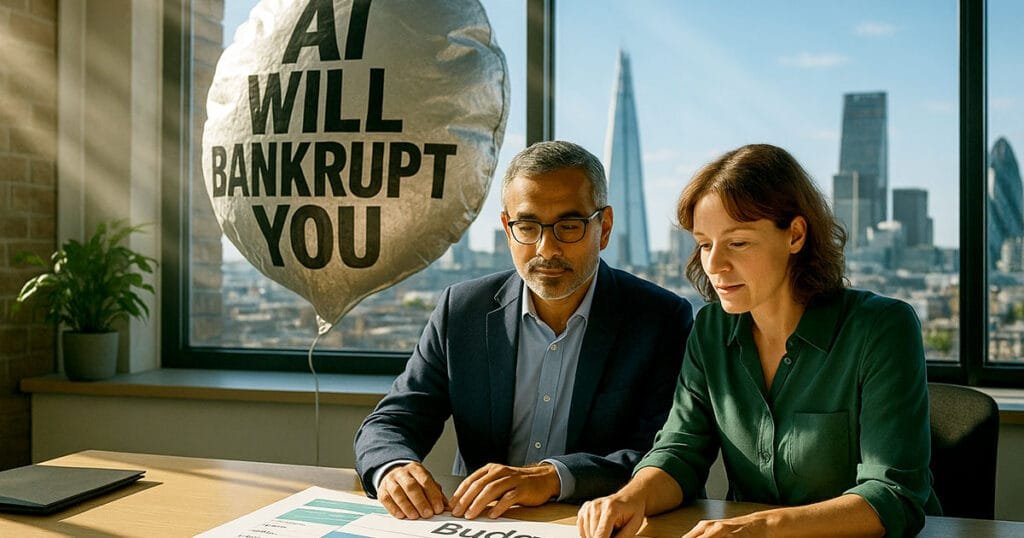 UK SME business leaders discussing AI costs and budget planning in London office with city skyline view