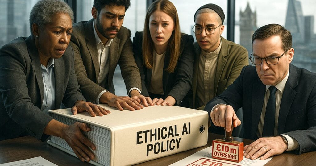 UK business team reviewing ethical AI policy documents with £10 million oversight funding stamp visible