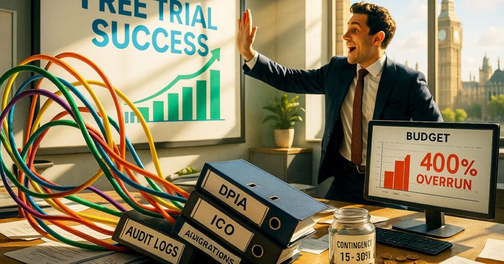 Business professional celebrating in London office with Big Ben view, desk showing AI project complexity with tangled cables, compliance folders labeled DPIA and ICO, computer screen displaying 400% budget overrun warning