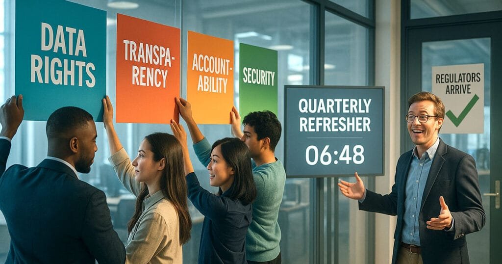 Team celebrating ethical AI policy training with four core sections displayed: data rights, transparency, accountability, security, with quarterly refresher timer showing 6:48 and regulators arrive checklist
