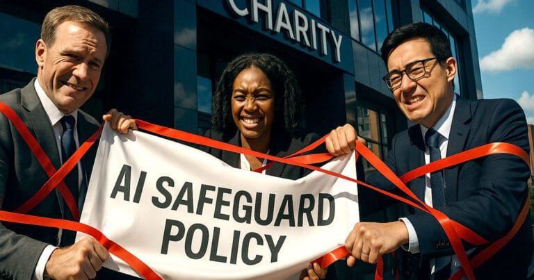 Three charity leaders tangled in red tape representing AI ethics charity policy bureaucracy and regulatory complexity outside charity building