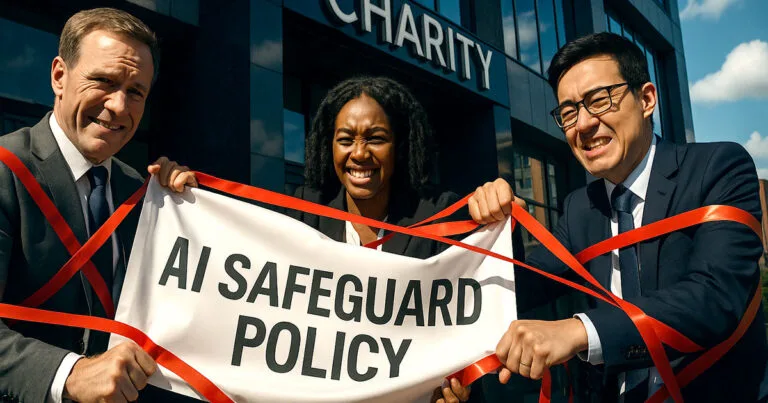 Three charity leaders tangled in red tape representing AI ethics charity policy bureaucracy and regulatory complexity outside charity building