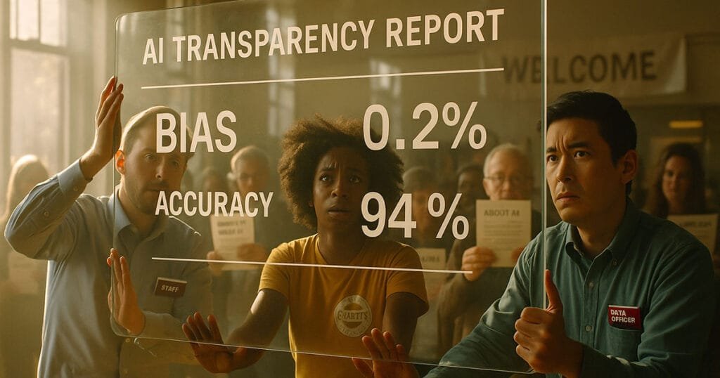 Three charity professionals displaying transparent AI transparency report dashboard showing bias and accuracy metrics, demonstrating AI ethics charity reporting standards