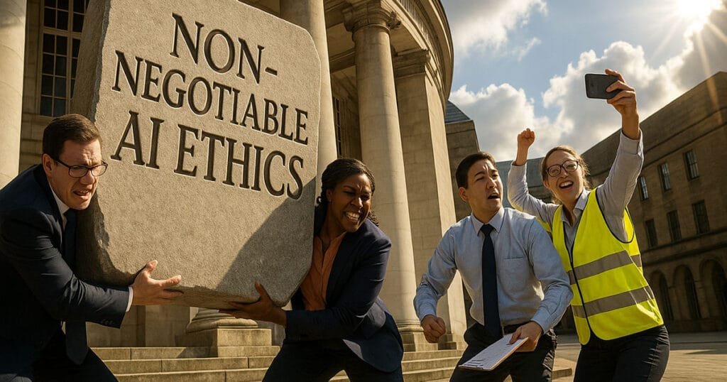 Four diverse professionals struggling with oversized stone tablet reading 'Non-Negotiable AI Ethics' outside government building, representing AI ethics charity compliance challenges