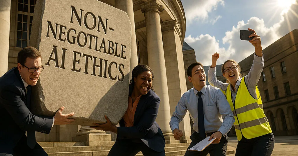 Four diverse professionals struggling with oversized stone tablet reading 'Non-Negotiable AI Ethics' outside government building, representing AI ethics charity compliance challenges
