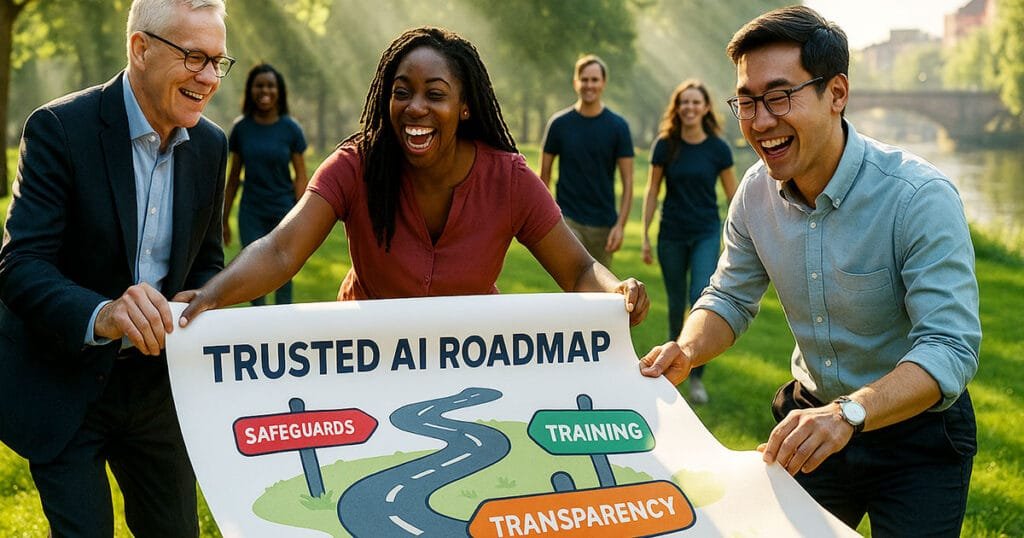 Three diverse charity leaders unfurling colorful 'Trusted AI Roadmap' banner with pathway signs for safeguards and training, illustrating positive AI ethics charity implementation journey