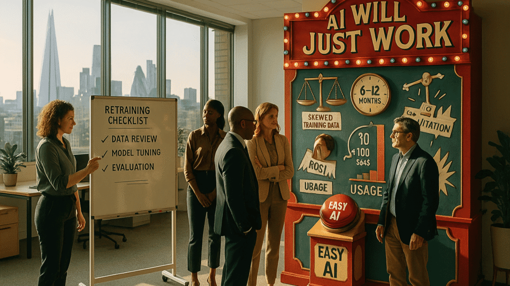 Office meeting with professionals reviewing carnival-style display illustrating AI misconceptions and implementation challenges alongside retraining checklist presentation