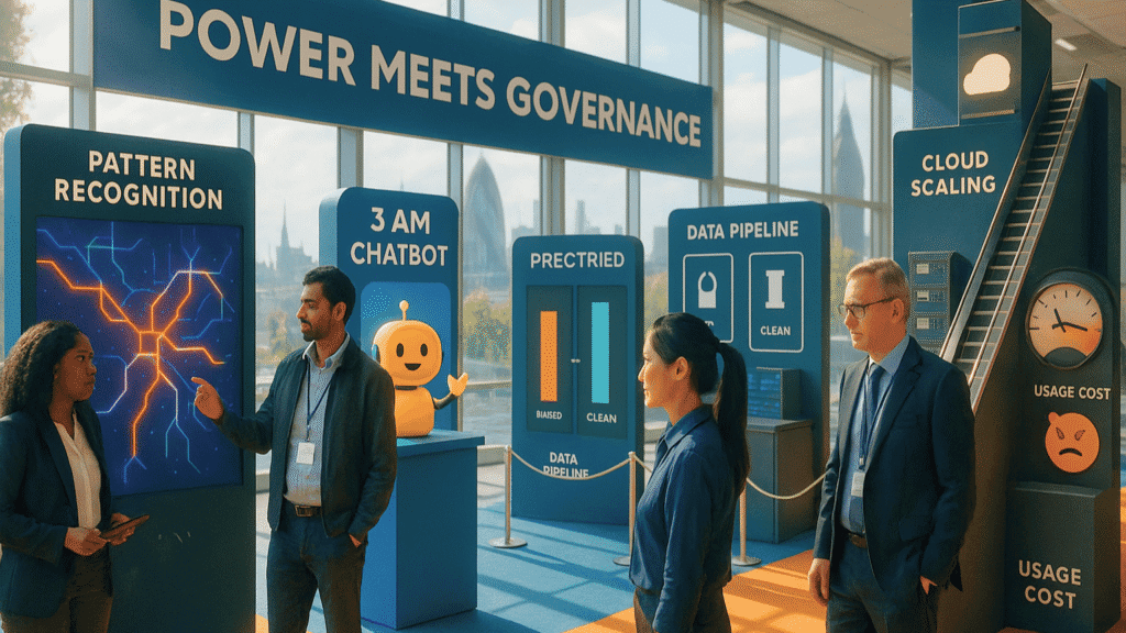 Business professionals discussing fundamental characteristics of AI including pattern recognition, chatbot autonomy, data quality, cloud scaling, and usage costs at corporate AI governance exhibition